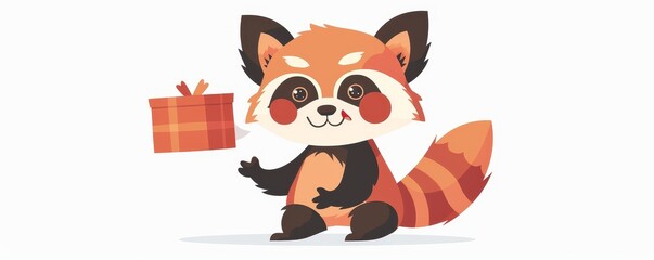 Wall Mural - A whimsical red panda, with a friendly demeanor, holds a gift while making joyful faces as a storybook character