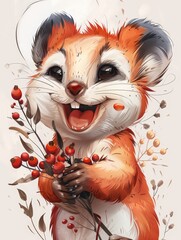 Wall Mural - Whimsical sugar glider with a gentle demeanor makes joyful faces while holding a bouquet, resembling a storybook character