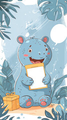 Wall Mural - Whimsical tapir with a gentle demeanor, joyful faces, holds a gift, in storybook character style