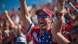 © T-elle - Excited joyful American sports fans cheering at the stadium, vibrant crowd during an afternoon match, emotional support for their team from the country of the USA, America