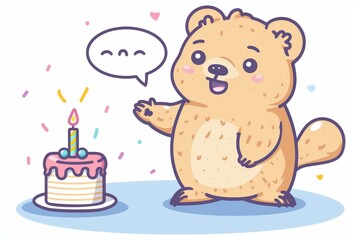 Wall Mural - Whimsical wombat exudes joy with a gentle demeanor while holding a birthday cake, embodying a storybook character's charm