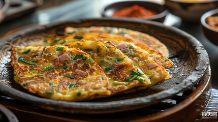 Taiwanese egg pancakes, filled with scallions and ham, served on a rustic plate with a bustling breakfast market backdrop