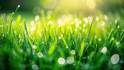 Wall Mural - Close-up of dew or rain drops on blades of green grass in an early spring or summer morning, with light bokeh in the morning sun, very beautiful wide-format photo, morning sun, green grass, dew drops,