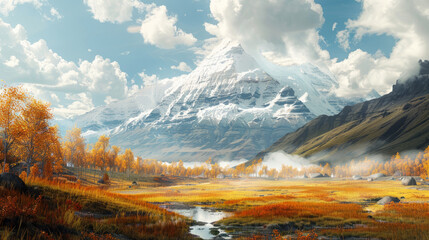 Wall Mural - Serene autumn landscape with snow-capped mountain and vibrant foliage