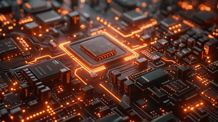 Fototapete - This Close up of a computer chip showing intricate circuitry and components.