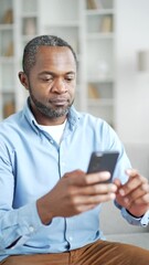Vertical video. Mature african american man using smartphone sitting on sofa in living room at home. A smiling male browses social networks, does shopping in online store, chats, writes reads messages