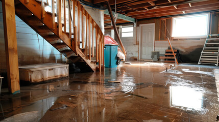 flooded basement with standing water and damaged interior