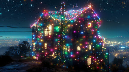 Wall Mural - A house covered in colorful permanent LED Christmas lights towering in front of a city, its body a swirling mass of darkness dotted with stars, like a piece of the night sky brought to earth. It looms