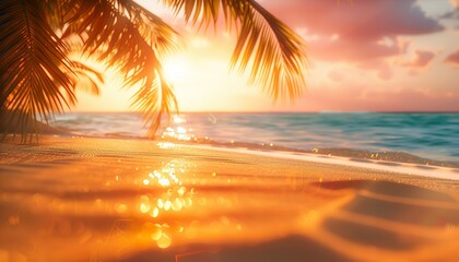 Wall Mural - Sunset at tropical beach with palm trees and golden sand, blurred natural panoramic summer background, golden sand beach, tropical sunset panorama, palm trees at sunset