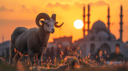 A large and beautiful ram on the occasion of Eid al-Adha near a mosque with a beautiful sunset 