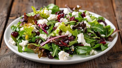Mixed greens salad with goat cheese and dried cranberries on a white plate. Top view food photography. Healthy eating and fresh ingredients concept for design and print.