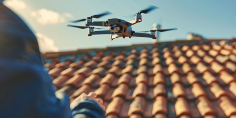 A close-up of a person using a drone to inspect a rooftop for maintenance or repairs.