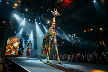 A giraffe painted in bright colors walks down the runway at a fashion show in front of a crowd of people. The scene is lively and energetic.