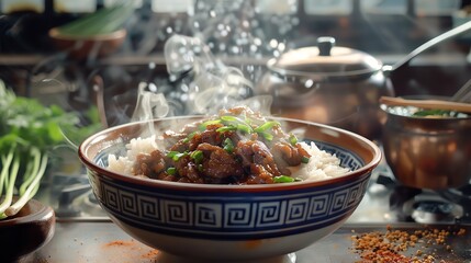 Braised pork rice Lu Rou Fan, served in a traditional bowl with a cozy Taiwanese home kitchen setting