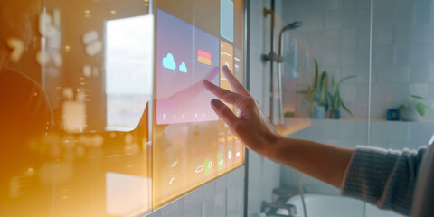 A close-up of a person using a smart mirror in the bathroom that displays the weather, news, and daily schedule.