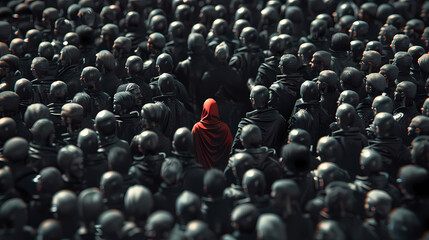 Wall Mural - Angry Rebel Women Unique Leader Figure Individuality Dystopian Crowd of People 3d illustration render