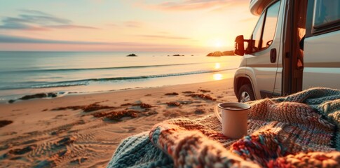 campervan with hot coffee and knitted blanket on the beach at sunset near sea view