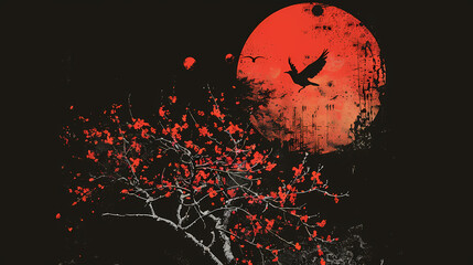 Wall Mural - t-shirt for summer, red sun, bird fly, tree, black background