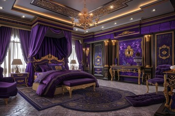 Regal bedroom with rich purple and gold decor.