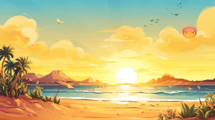 Wall Mural - illustration of the sun smiling and looking at the beach