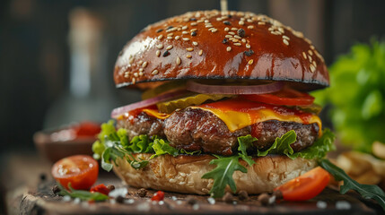 Wall Mural - Juicy Burger with Dynamic Spices , grilled Juicy Burger with vegetables