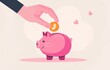 © Ratko - A flat vector illustration of a hand putting a coin into a pink piggy bank