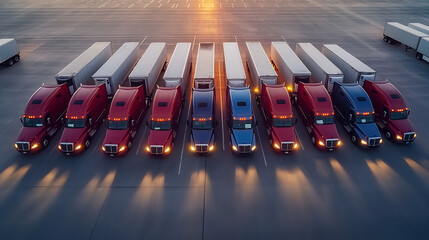 Wall Mural - semi-trucks, parked horizontally in a spacious lot. Each truck is meticulously positioned, creating a visually appealing pattern across the surface