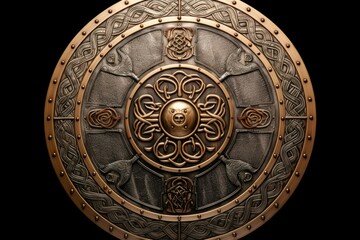 Close-up of a decorative celtic shield featuring intricate metalwork patterns