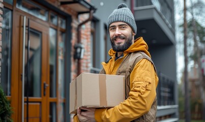 Wall Mural - Delivery man by sending box of parcel to customers service at home