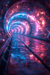 Wall Mural - Futuristic sci-fi tunnel with neon lights and stars, Generative AI