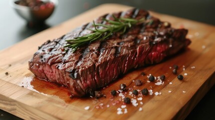 Poster - Freshly grilled medium rare beef steak on a wooden cutting board