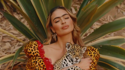 Wall Mural - A woman is holding a baby jaguar in a jungle setting. The woman is wearing a red and yellow outfit