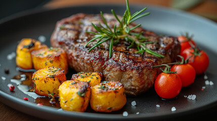 Wall Mural - Grilled delicious ribeye steak and some seasonings and herbs on black slate serving plate. Flat lay.