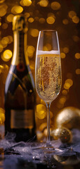 Champagne glass and bottle on dark background with golden bokeh