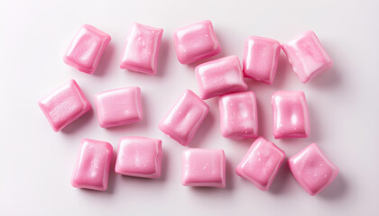 Wall Mural - Tasty pink chewing gums on white background, top view