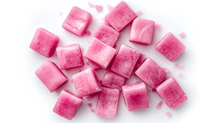 Wall Mural - Tasty pink chewing gums on white background, top view