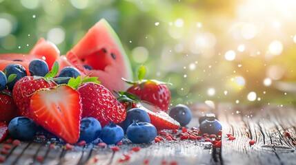 close-up of fresh summer fruits on a rustic wooden table, vibrant colors, strawberries, blueberries, watermelon, bright sunlight, Generated with AI