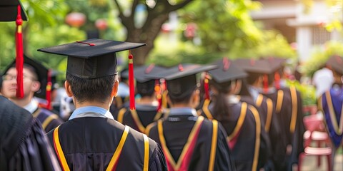 Rear view of university graduates wearing graduation gowns and mortarboards with tassels. The scene captures a celebratory outdoor commencement ceremony with students lined up