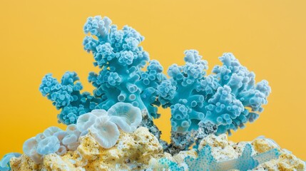 Wall Mural - blue corals on a light yellow background.