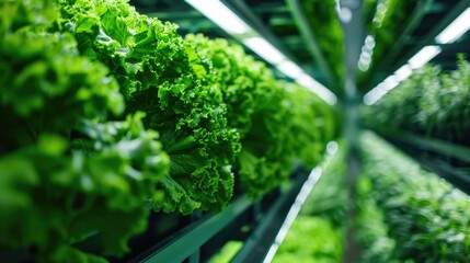Wall Mural - Mass production of green vegetables in a controlled environment on a modern vertical farm. Automated room with controlled levels of air temperature, light, water and humidity for optimal growth