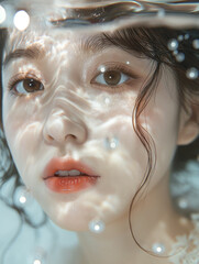 Reflection in the water, clear water, ripples, an ulzzang Japanese young woman reflected in the water