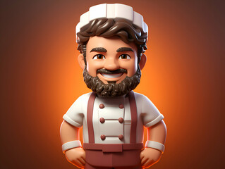 Wall Mural - Cartoon character of chef with chef hat and uniform on orange background