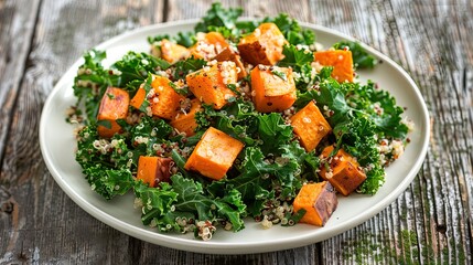 Kale salad with roasted sweet potatoes and quinoa on a white plate. Side view food photography. Healthy eating and fresh ingredients concept for design and print.
