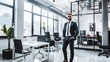 © Felippe Lopes - Confident businessman in suit and sunglasses standing in modern, stylish office with large windows and minimalist decor.
