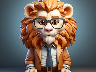 Sticker - Cartoon lion with glasses and a tie. 3d illustration.