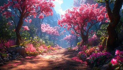 A magical forest path lined with blooming pink trees.