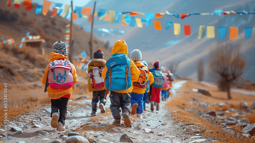 children in colorful Tibetan attire heading to school, prayer flags ...