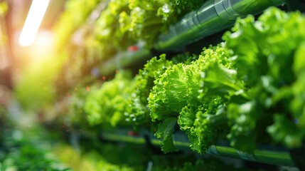 Wall Mural - Mass production of green vegetables in a controlled environment on a modern vertical farm. Automated room with controlled levels of air temperature, light, water and humidity for optimal growth