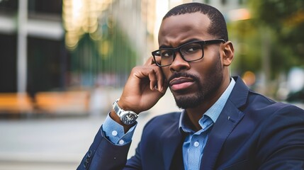 Confident African American businessman in glasses and suit, gazing thoughtfully, sitting outdoor in an urban setting on a sunny day.