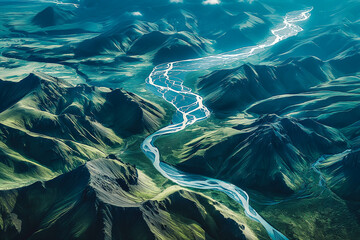 Wall Mural - A breathtaking aerial view of a winding river cutting through majestic mountains, showcasing the beauty of nature from above.